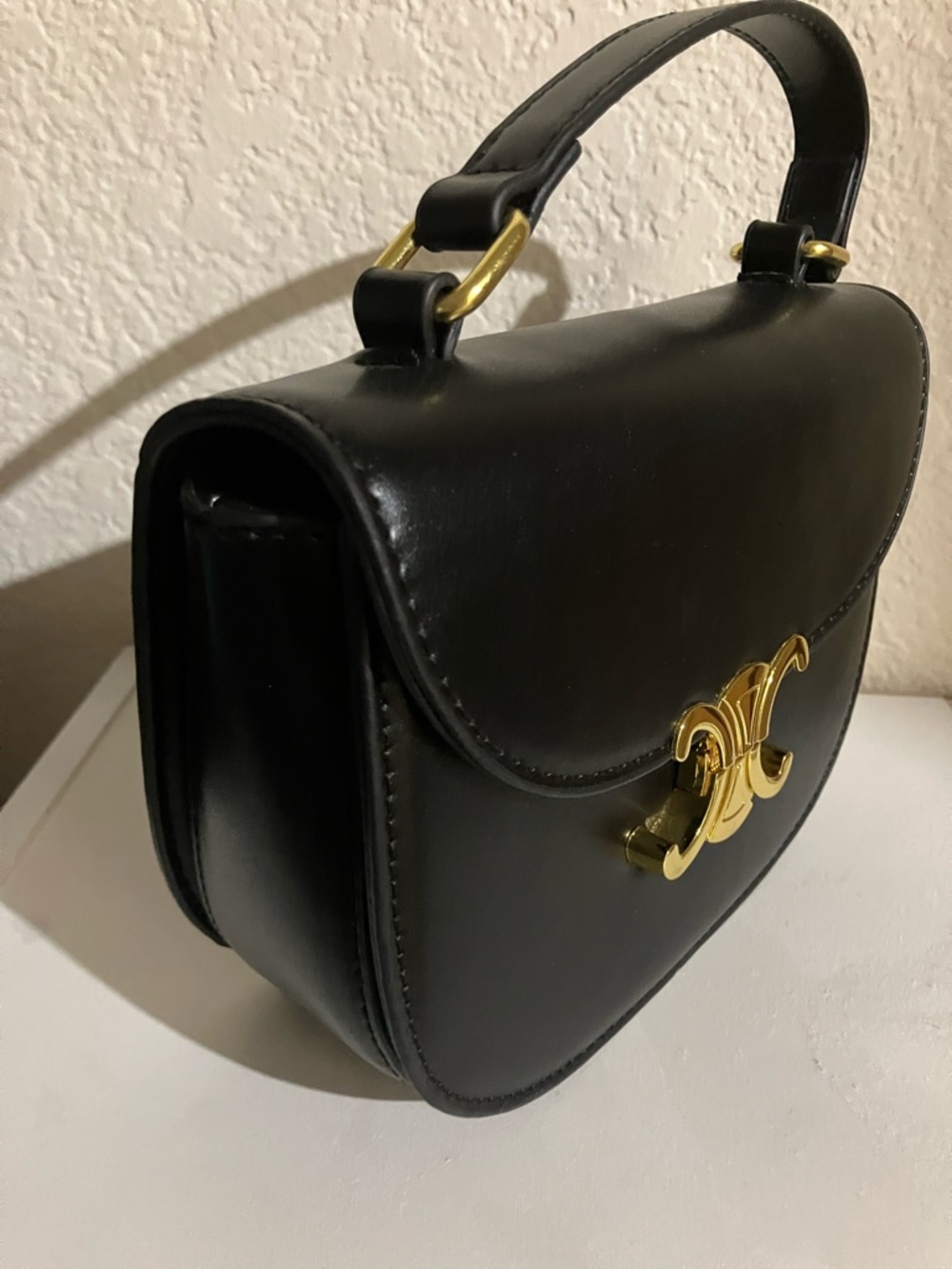Black Leather Top-Handle Shoulder Bag with Gold Accent - Picture 2 of 6